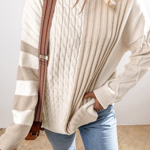 Cable-Knit Color Block Round Neck Sweater - Picture 4 of 5